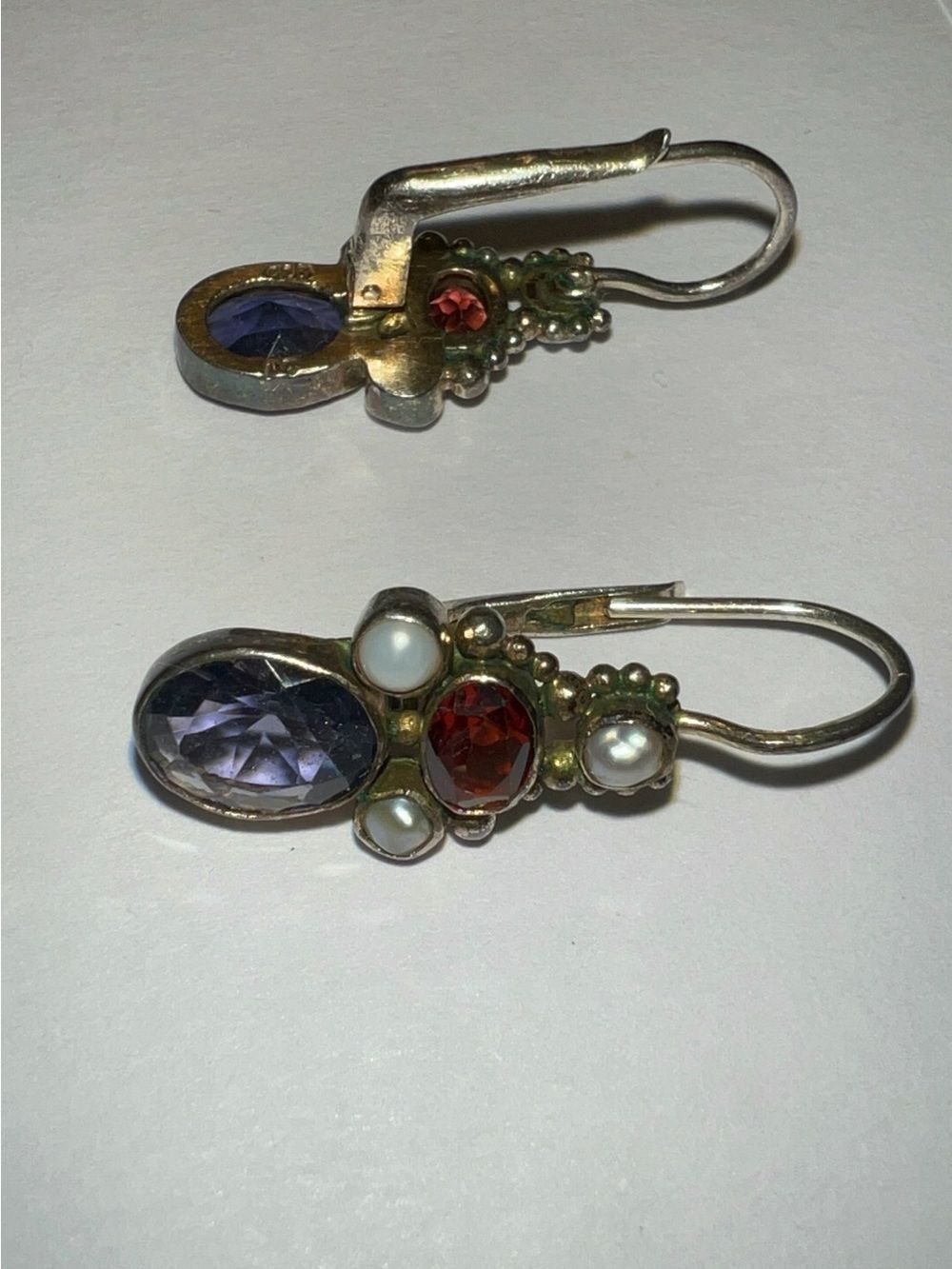 Sterling Silver Drop Earrings with Lavender and Garnet Stones and Pearls - Picture 8 of 8
